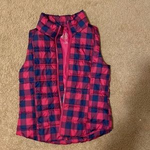 Pink and navy plad puffer vest